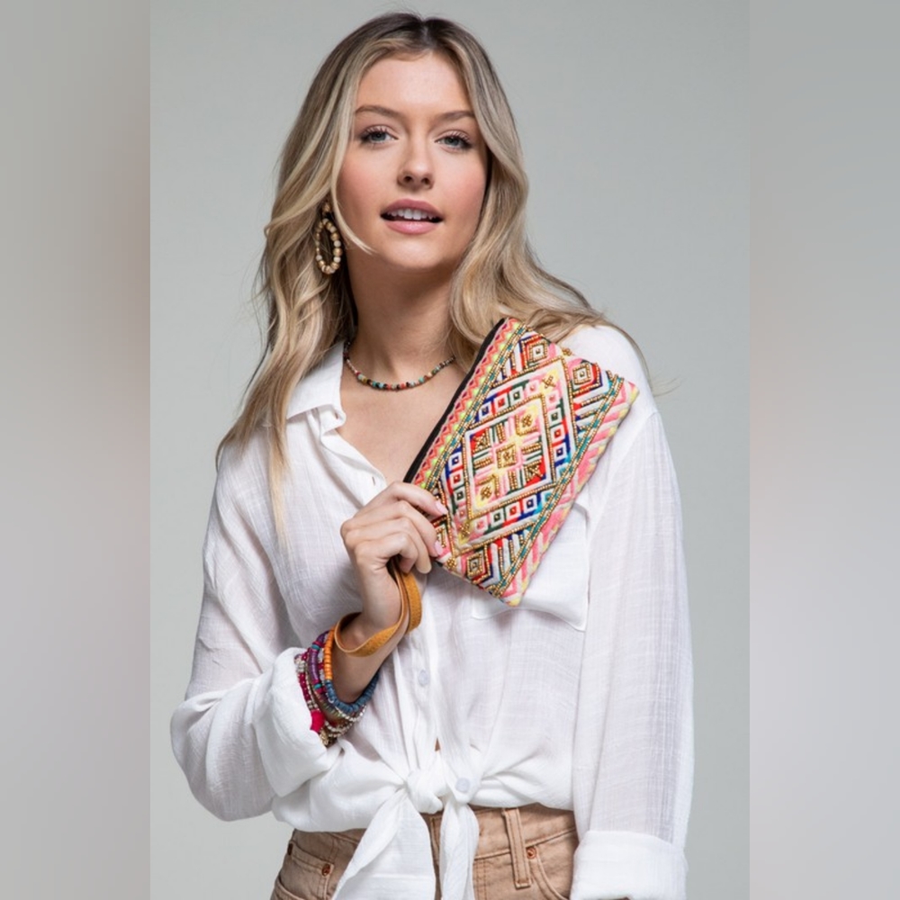 Handmade Hand Beaded Wristlet Clutch - Ethnic Inspired Design - Dyed Fine Cotton - Picture 5 of 8